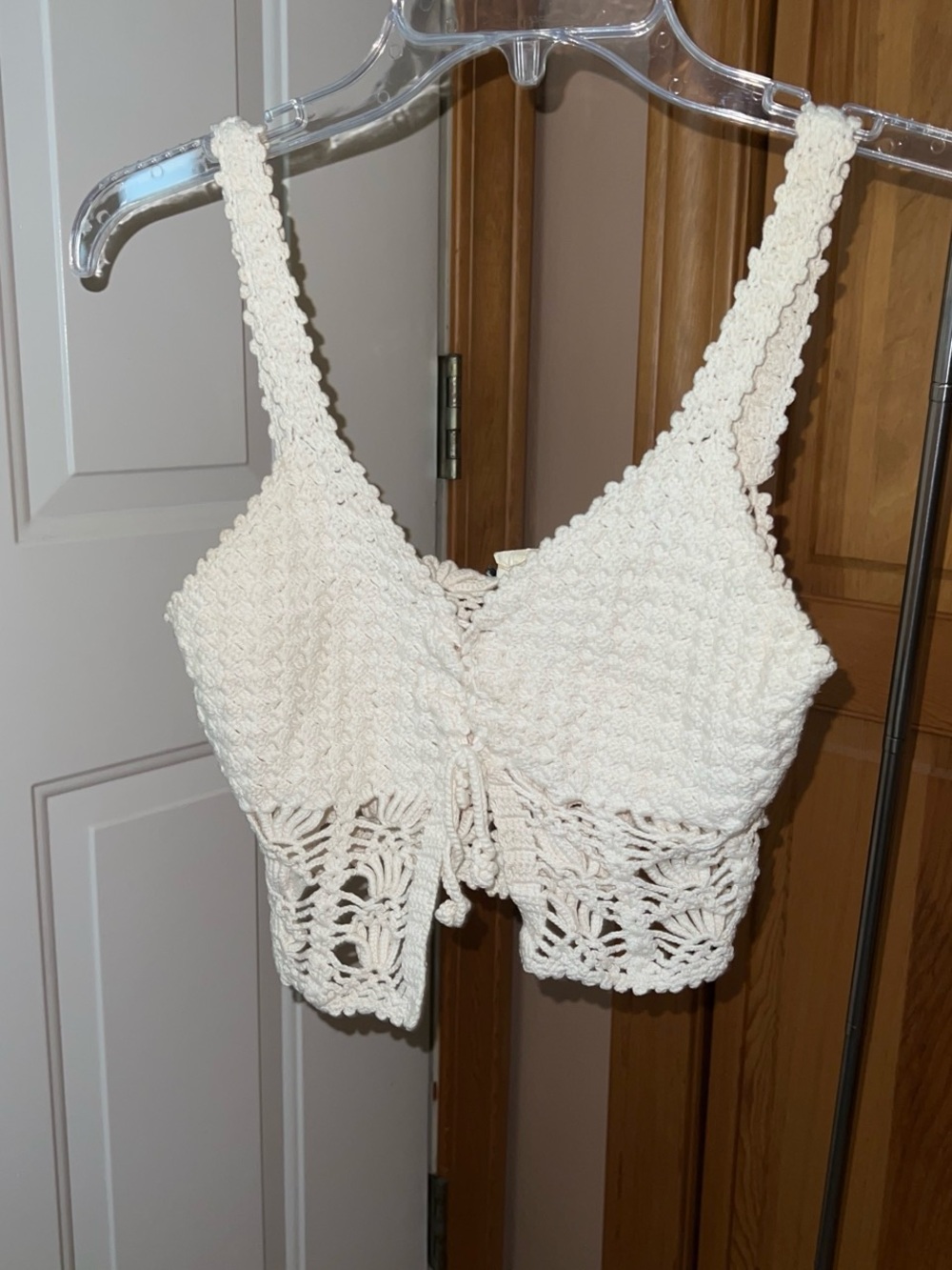 Cream Crochet Lace-Up Women's Crop Top